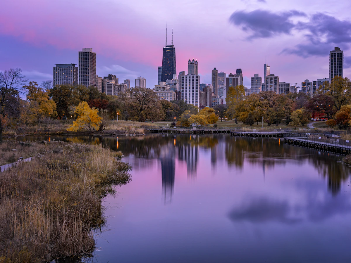 Residential high-rises along Lincoln Park in Chicago at sunset